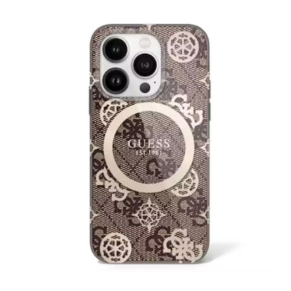 iPhone 16 Pro-fodral - Guess IML Peony på 4G MagSafe-bakgrund (GUHMP16LH4PYEEW) - Brun