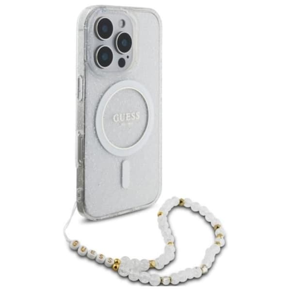 Coque Guess IML Glitter med pärlemorsknäppning MagSafe för iPhone 16 Pro Max (transparent)