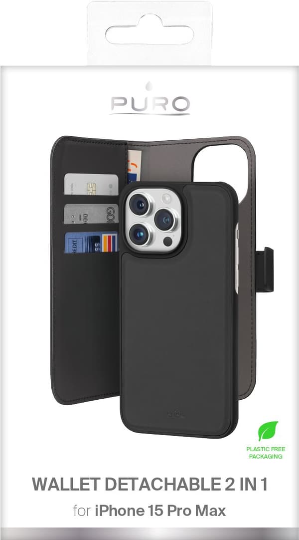 iPhone 15 Pro Max eco-leather detachable wallet case, black