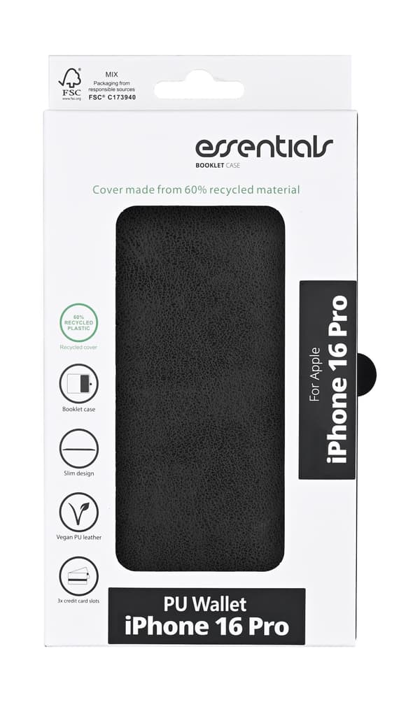 iPhone 16 Pro PU wallet, recycled, 3 cards, black