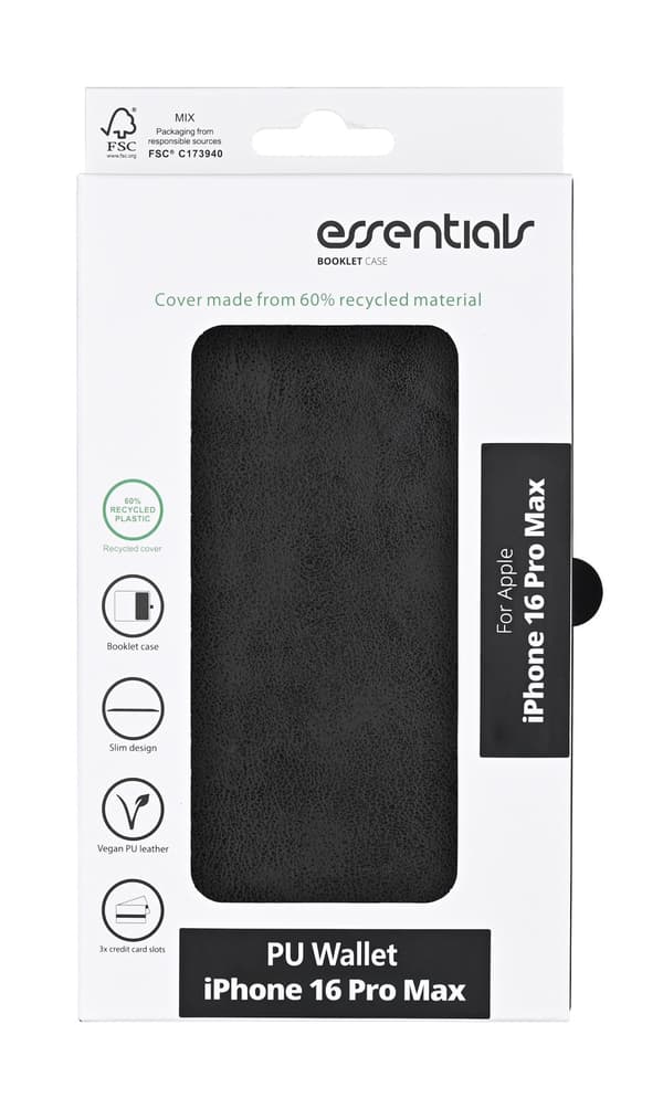 iPhone 16 Pro Max PU wallet, recycled, 3 cards, black