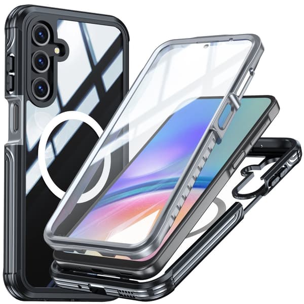 INF A56 telefontaske, 9H hærdet glas 360° beskyttelsestelefoncover Sort ask