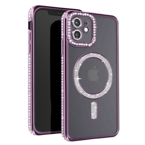 Diamantfodral till iPhone 12 - AVIZAR - MagSafe Protection - Lila Rhinestone Outline