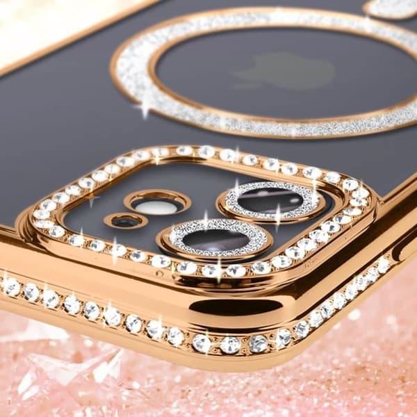 AVIZAR Skyddsfodral för iPhone 12 - Gold Rhinestone Contour - MagSafe-kompatibel