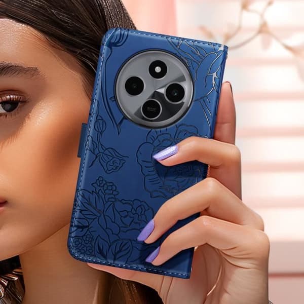 Fodral till Xiaomi Redmi 14C Butterfly Flower Plånbok med handledsrem midnattsblå