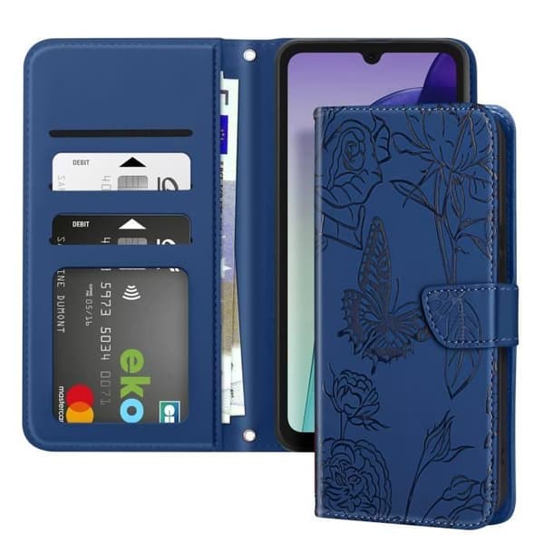 Fodral till Xiaomi Redmi 14C Butterfly Flower Plånbok med handledsrem midnattsblå