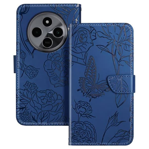 Fodral till Xiaomi Redmi 14C Butterfly Flower Plånbok med handledsrem midnattsblå