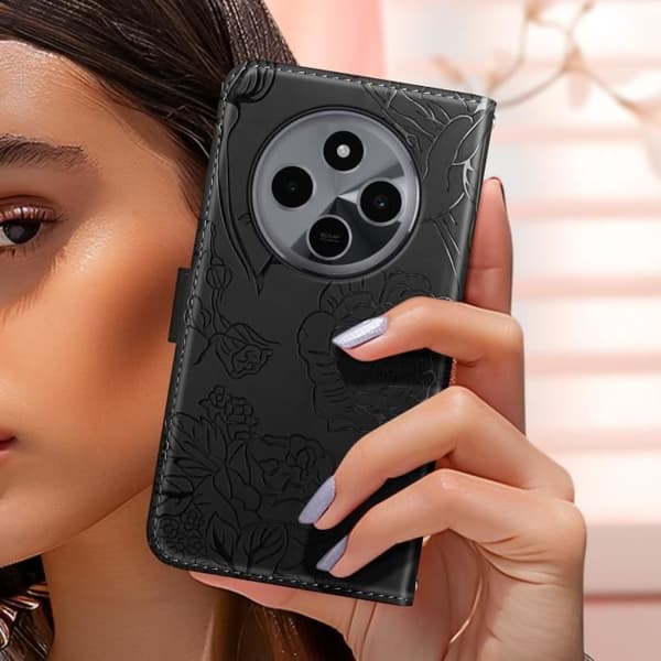 Fodral till Xiaomi Redmi 14C Plånbok Flower Butterfly med handledsrem Svart