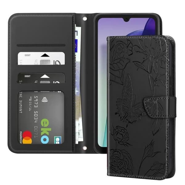 Fodral till Xiaomi Redmi 14C Plånbok Flower Butterfly med handledsrem Svart