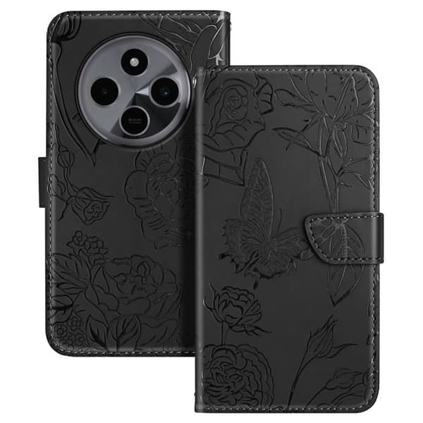 Fodral till Xiaomi Redmi 14C Plånbok Flower Butterfly med handledsrem Svart