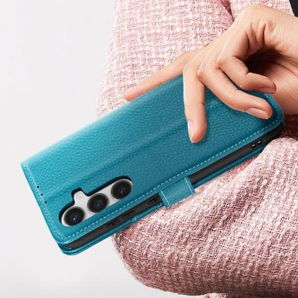 Läderfodral till Samsung Galaxy S24 FE Anti-RFID plånboksställ ljusblått