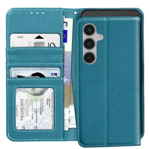 Läderfodral till Samsung Galaxy S24 FE Anti-RFID plånboksställ ljusblått