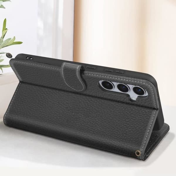 Läderfodral till Samsung Galaxy S24 FE - AVIZAR - Anti-RFID Plånbok Svart Support