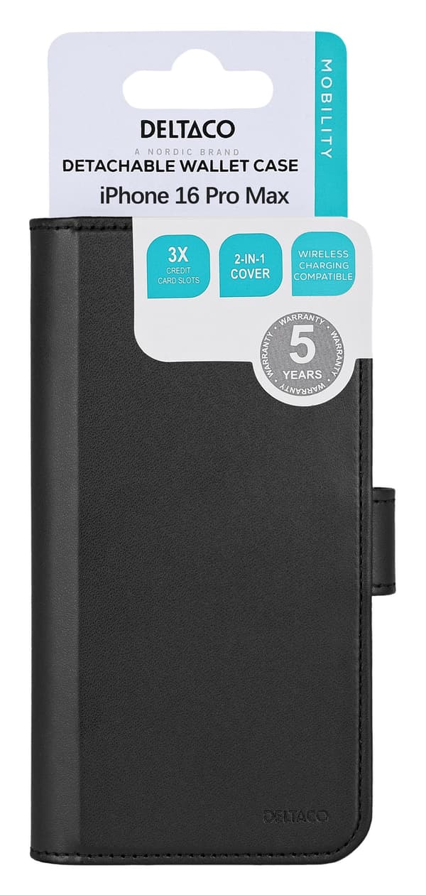 Wallet case, 2-in-1, iPhone 16 Pro Max, magnetic cover,black