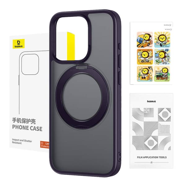 Telefonveske Baseus SkyRing Magnetic med stativ for iP 14 Pro Max + herdet glass og rengjøringssett (lilla)