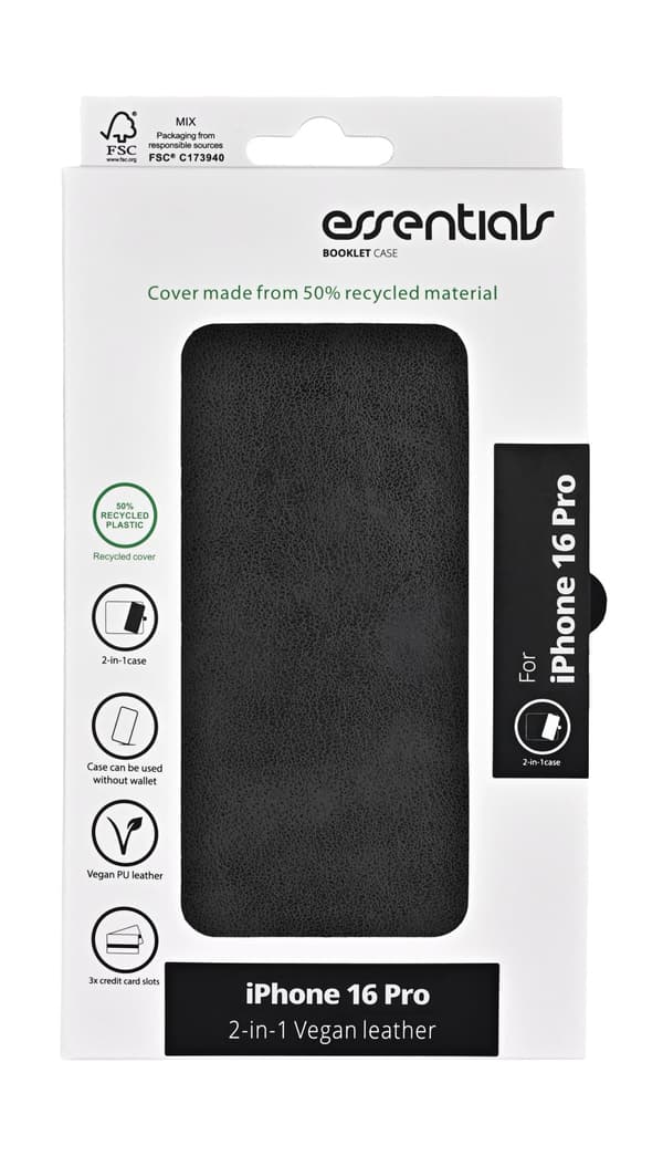 iPhone 16 Pro PU wallet, detach, recycled, 3 cards, black