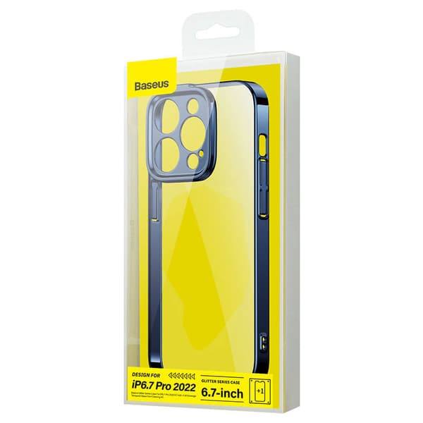 Baseus Glitter Transparent Cover og hærdet glas sæt til iPhone 14 Pro Max (blå)
