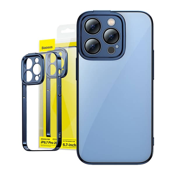Baseus Glitter Transparent Cover og hærdet glas sæt til iPhone 14 Pro Max (blå)