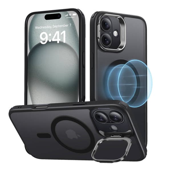 Classic Hybrid (HaloLock) ESR-kotelo jalustalla iPhone 16:lle (musta)