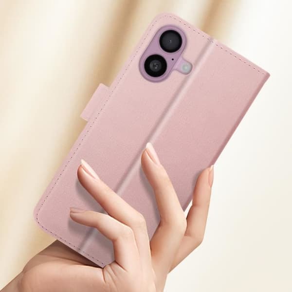 Étui för iPhone 16 Plus - AVIZAR - Fodral med plånboksdesign - Rosé Champagne - Video Stöd - Veganskt Skinn