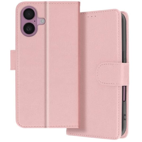 Étui för iPhone 16 Plus - AVIZAR - Fodral med plånboksdesign - Rosé Champagne - Video Stöd - Veganskt Skinn
