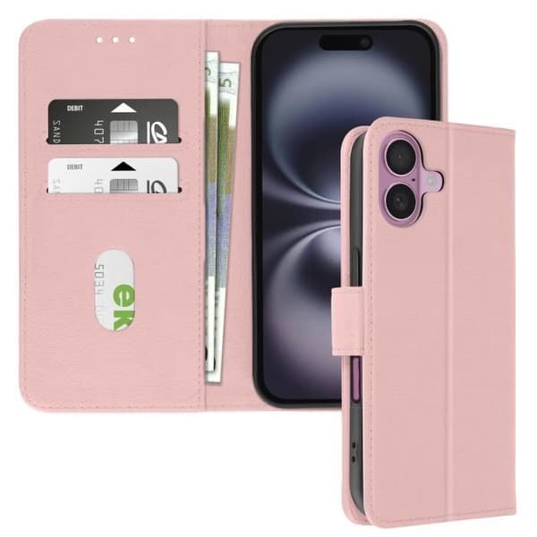 Étui för iPhone 16 Plus - AVIZAR - Fodral med plånboksdesign - Rosé Champagne - Video Stöd - Veganskt Skinn
