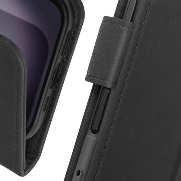 iPhone 16 Plus-fodral - AVIZAR - Plånboksficka - Videostöd - Svart veganskt läder - Halvstyv