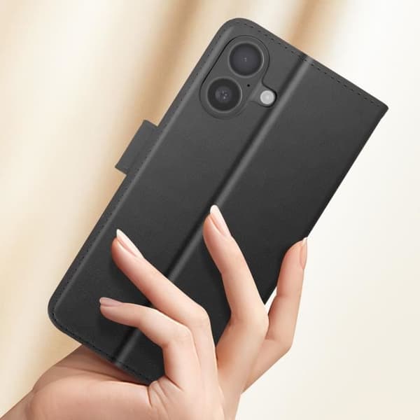 iPhone 16 Plus-fodral - AVIZAR - Plånboksficka - Videostöd - Svart veganskt läder - Halvstyv