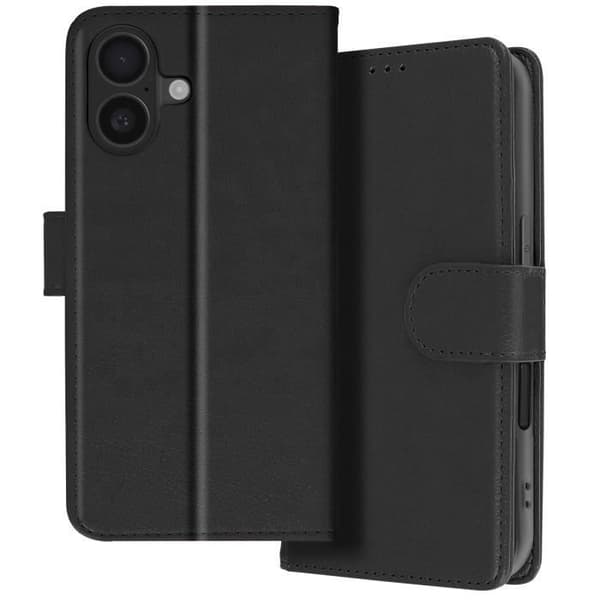 iPhone 16 Plus-fodral - AVIZAR - Plånboksficka - Videostöd - Svart veganskt läder - Halvstyv