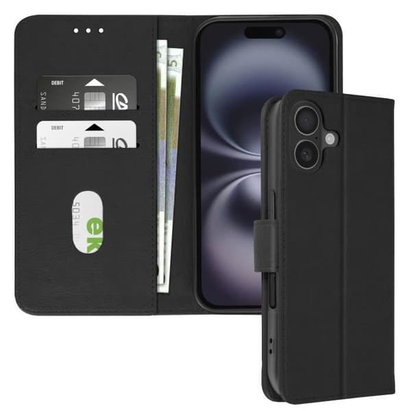 iPhone 16 Plus-fodral - AVIZAR - Plånboksficka - Videostöd - Svart veganskt läder - Halvstyv
