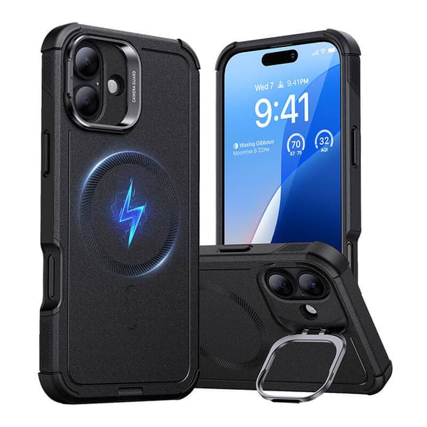 Cyber Tough (HaloLock) ESR-kotelo jalustalla iPhone 16:lle (musta)