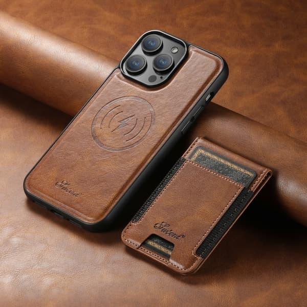 Keinonahkainen kuori MagSafe-korttipidikkeellä iPhone 14 Pro:lle - ruskea