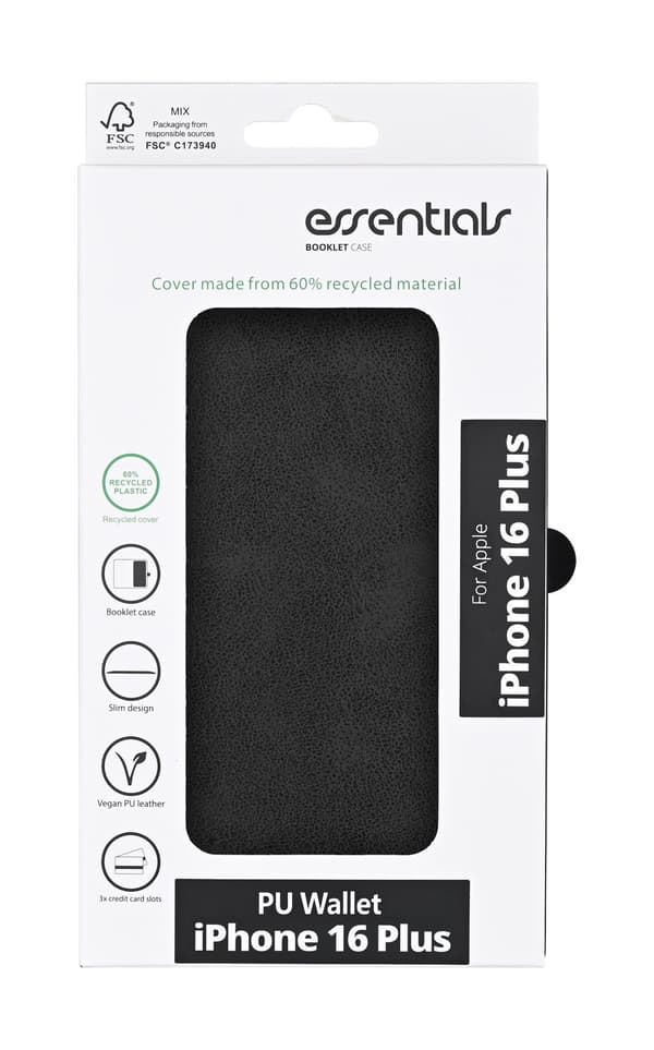 iPhone 16 Plus PU wallet, recycled, 3 cards, black