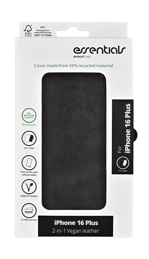 iPhone 16 Plus PU wallet, detach, recycled, 3 cards, black