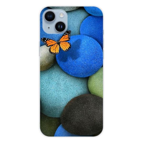 Tryckt silikonfodral som är kompatibelt med Apple iPhone 15 Plus Blue Pebble Butterfly