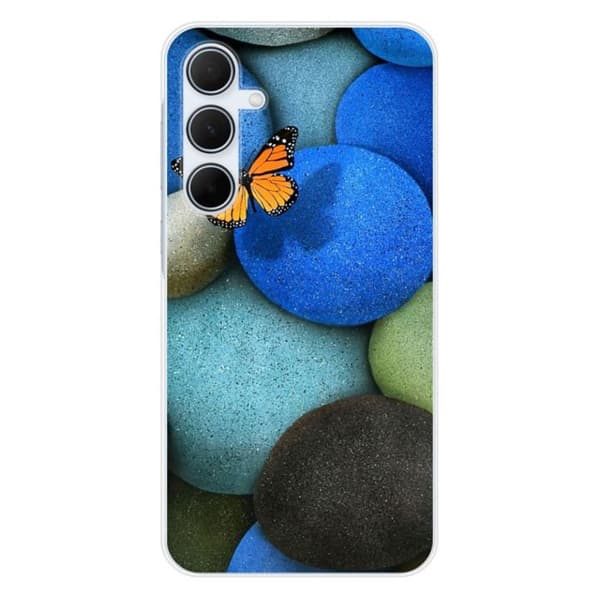 Tryckt silikonfodral som är kompatibelt med Samsung Galaxy A35 5G Blue Pebble Butterfly
