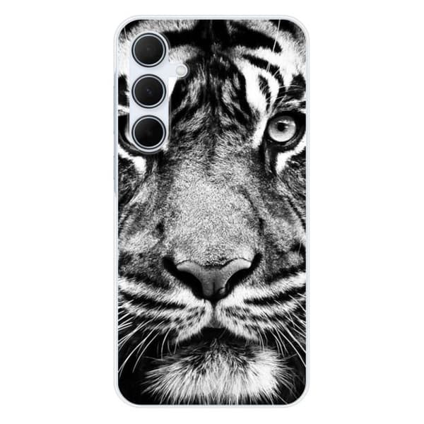 Tryckt silikonfodral som är kompatibelt med Samsung Galaxy A35 5G vit och svart tiger