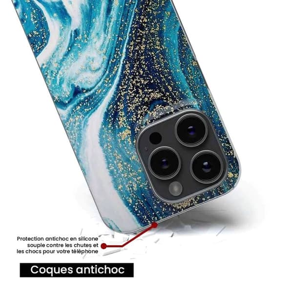 Tryckt silikonfodral som är kompatibelt med Apple iPhone 16 Pro Marble Blue Glitter