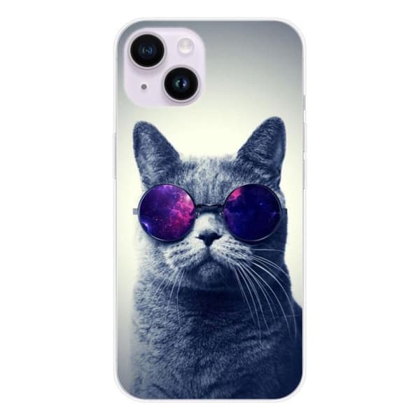 Tryckt silikonfodral som är kompatibelt med Apple iPhone 15 Cat med glasögon