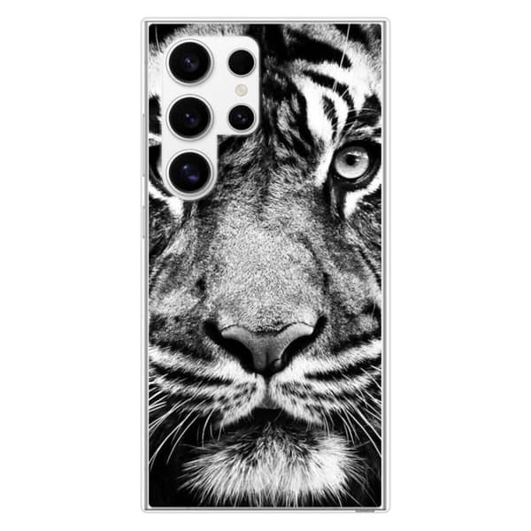 Tryckt silikonfodral som är kompatibelt med Samsung Galaxy S24 Ultra vit och svart tiger