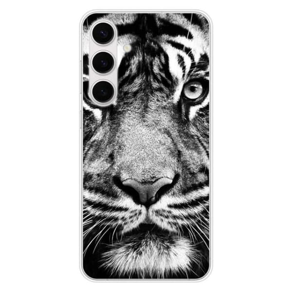 Tryckt silikonfodral som är kompatibelt med Samsung Galaxy S24 FE Vit och svart tiger