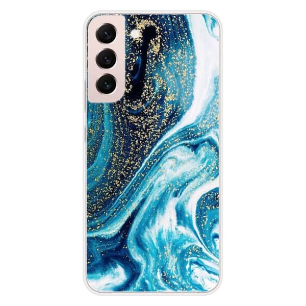 Tryckt silikonfodral som är kompatibelt med Samsung Galaxy S22 Plus Marble Blue Glitter