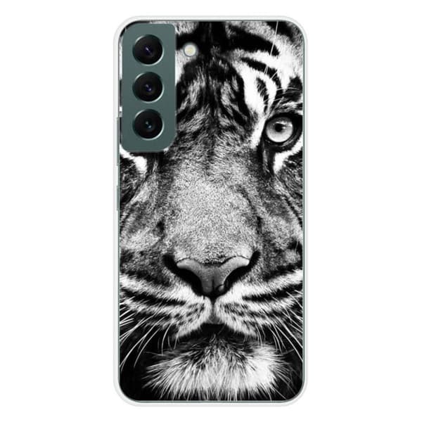 Tryckt silikonfodral som är kompatibelt med Samsung Galaxy S22 Vit och svart tiger