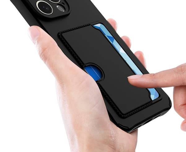 iPhone 15 kotelo - mikrokuituinen silikoni korttipidike, musta
