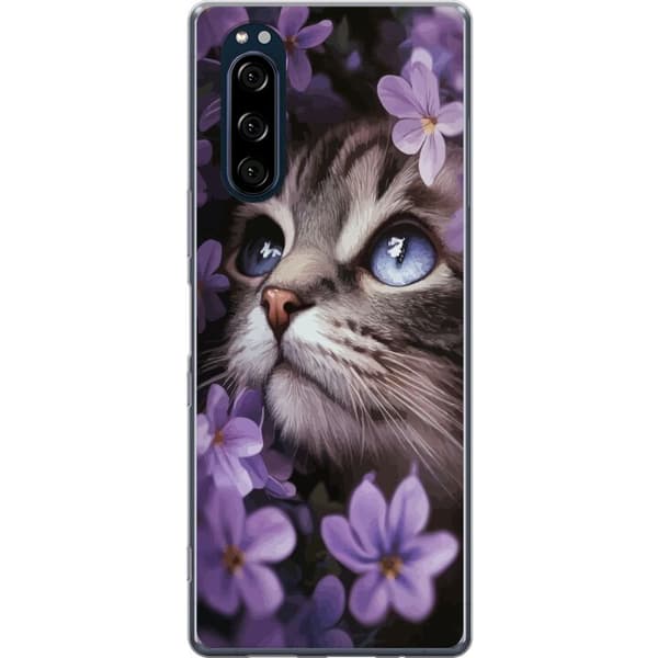 Sony Xperia 5 Läpinäkyvä kuori Kissa ja kukat