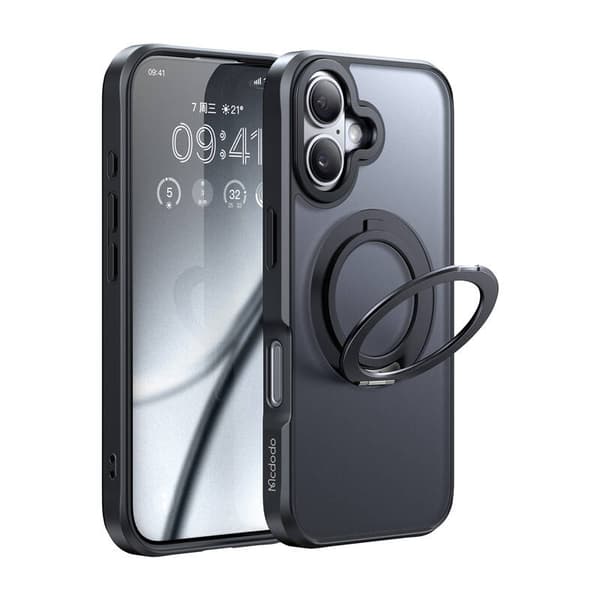 McDodo PC-4931 MagSafe kotelo iPhone 16 Plus -puhelimelle jalustalla (musta)