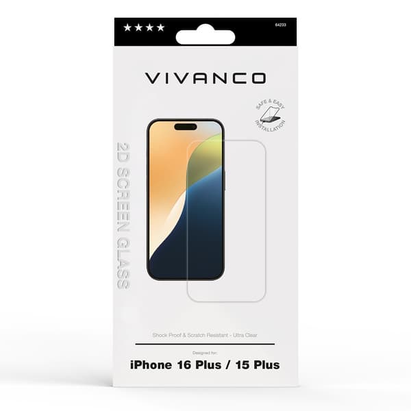 Vivanco iPhone 15 Plus/iPhone 16 Plus Skjermbeskytter Herdet Beskyttelsesglass 9H