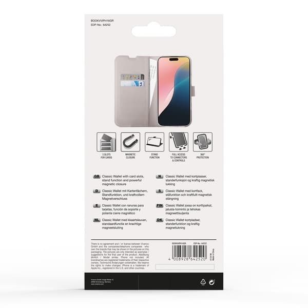 Vivanco iPhone 16 Kotelo Classic Wallet Greige