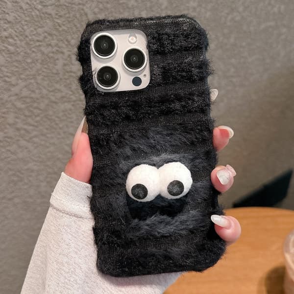 Pörröinen takakuori iPhone 14 Pro Maxille - Googly Eyes / Svart