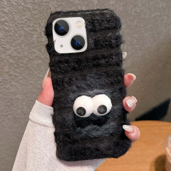 Pörröinen leivontakuori hintaan iPhone 14 - Googly Eyes / Svart